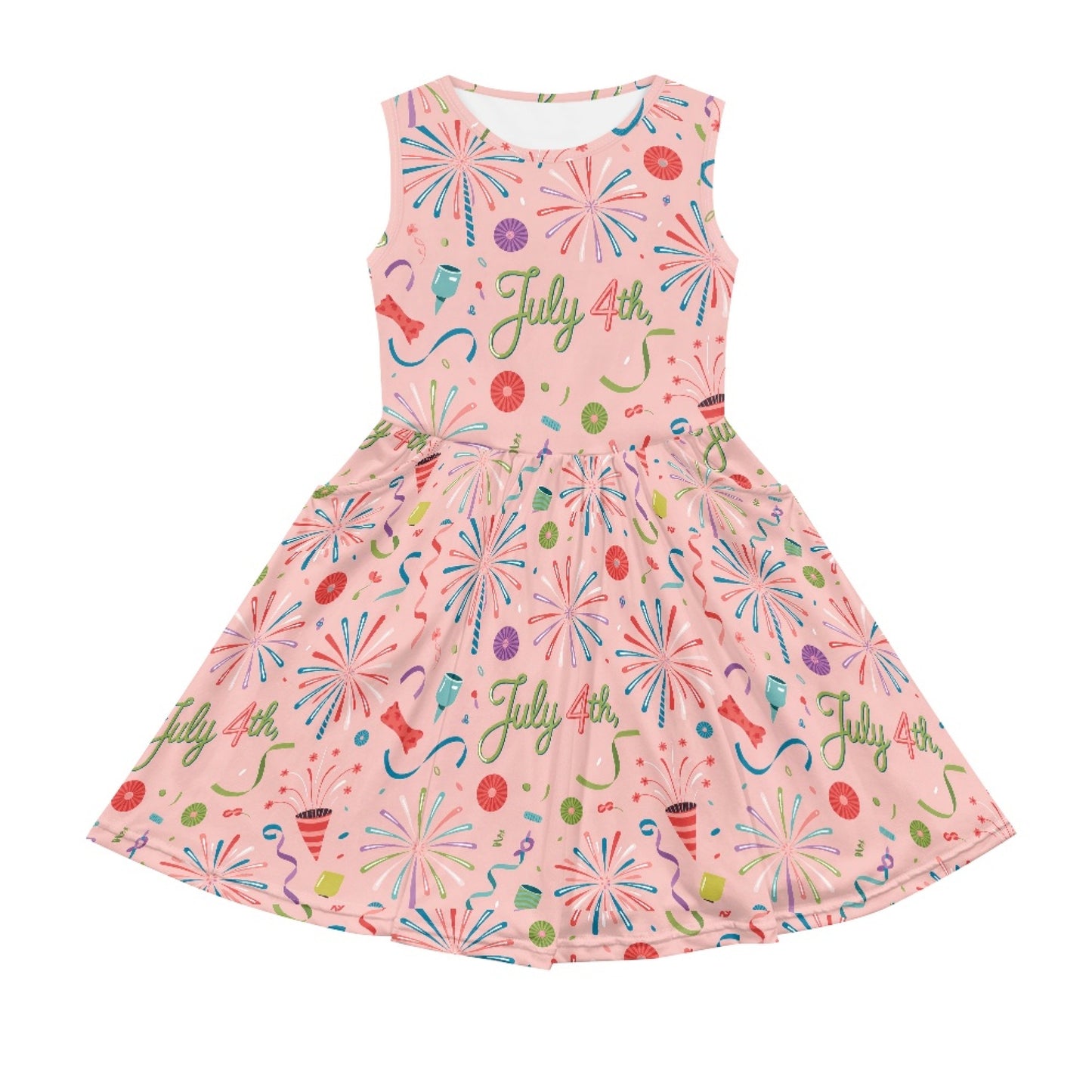 Girls July 4th Fireworks Dress – Cute Pink Independence Day Sleeveless Twirl Dress for Toddler & Little Girls