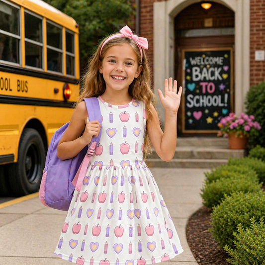 Girls Heart Apple Print Dress | Cute Pastel School Theme Dress