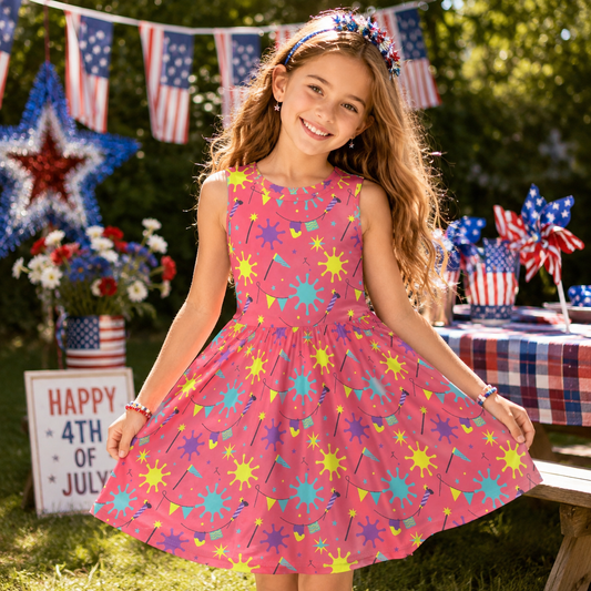 Girls Neon Party Dress – Cute Pink Sleeveless Twirl Dress for Toddler & Little Girls