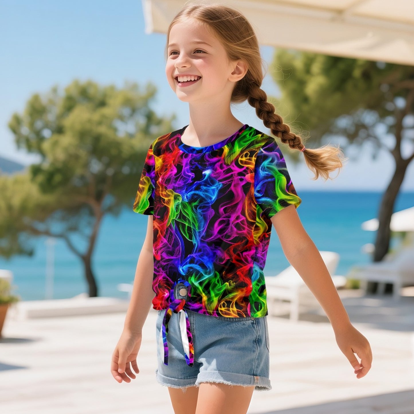 Rainbow Smoke Abstract All-Over Print Girl's Front-Tie Tee