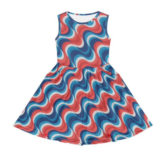 Girls Retro Wave Dress – Patriotic Sleeveless Twirl Dress for Toddler & Little Girls