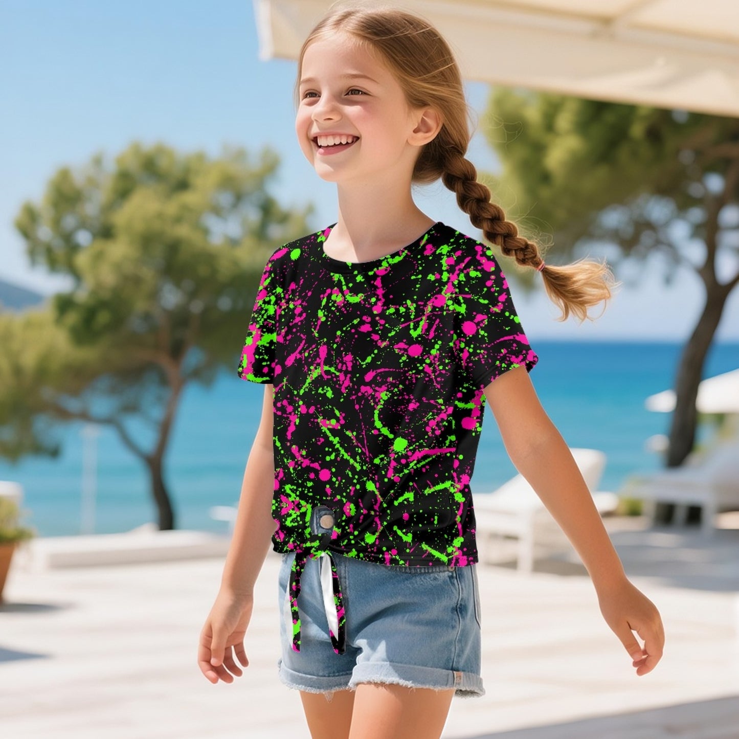 Neon Splatter Paint All-Over Print Girl's Front-Tie Tee