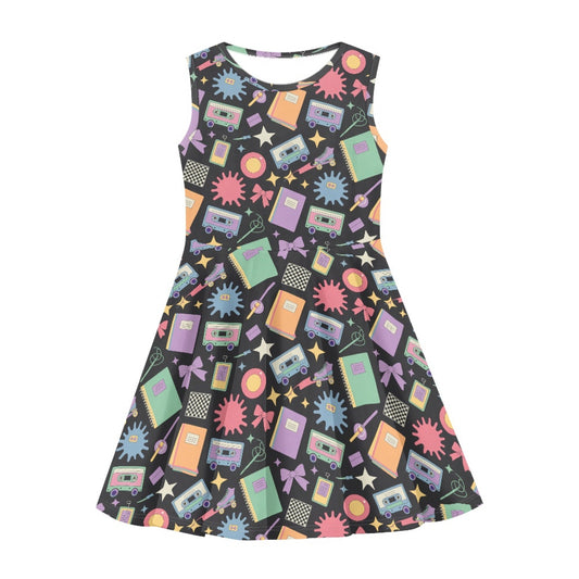 Girls Retro Schoolcore Dress | Cute Cassette Print Sleeveless Twirl Dress for Kids