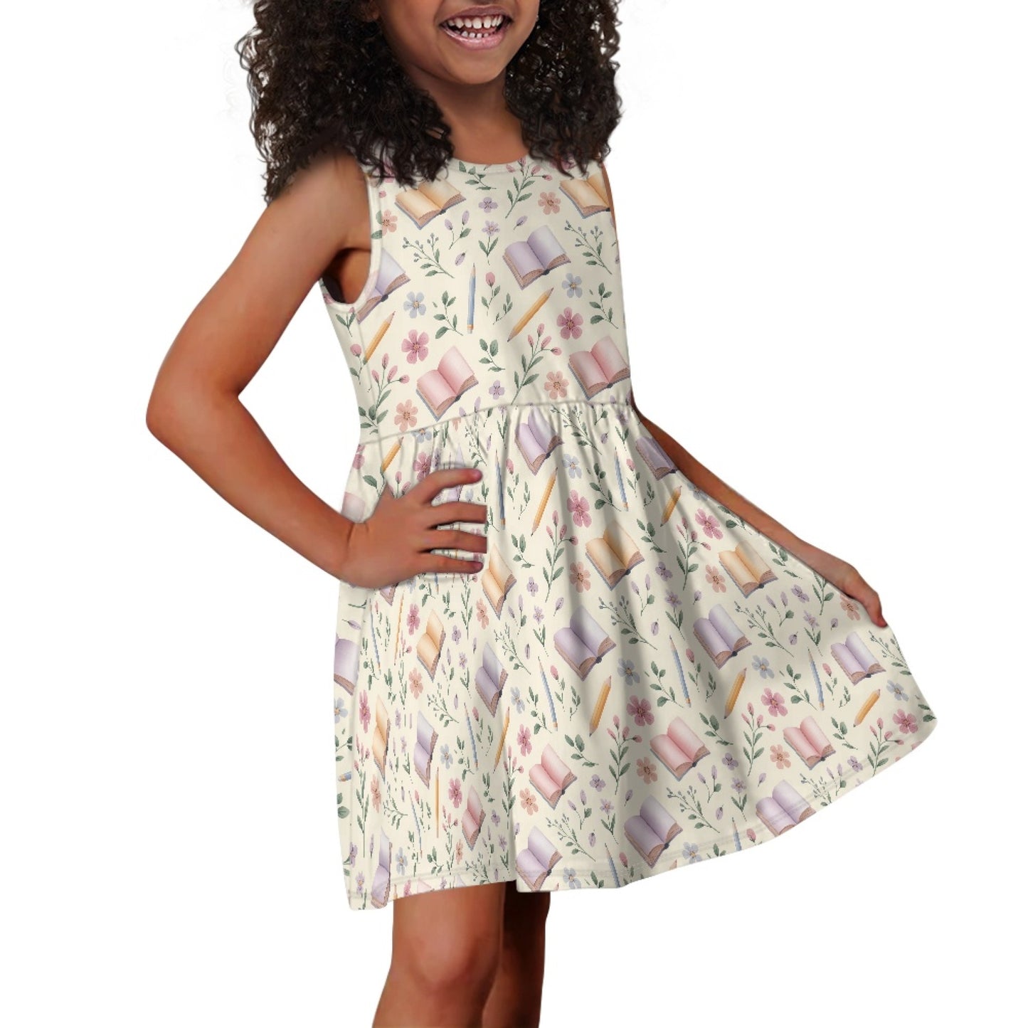 Girls Floral Book Print Dress | Cute School Theme Sleeveless Twirl Dress