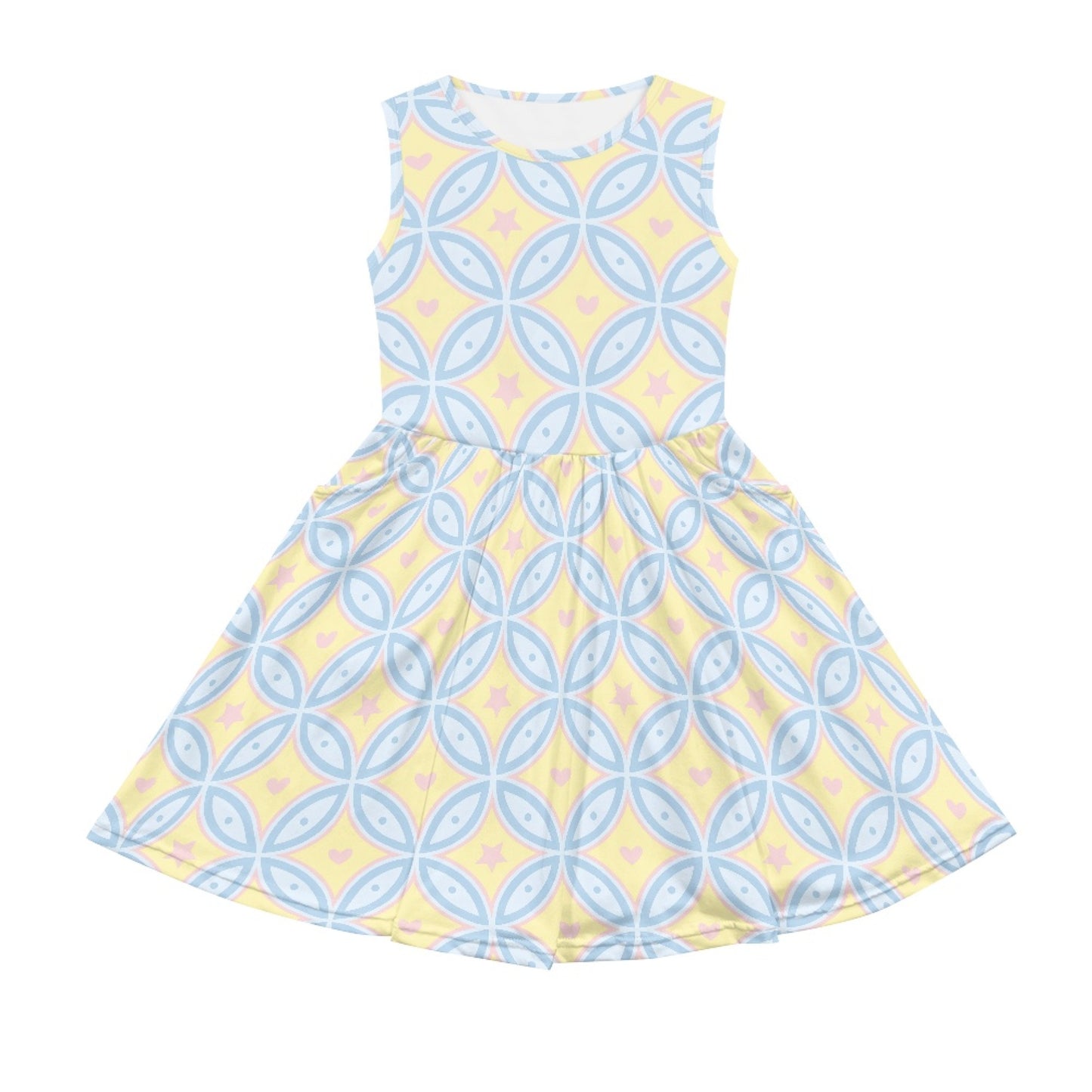 Girls Geometric Pattern Dress | Retro Style Sleeveless Kids Dress