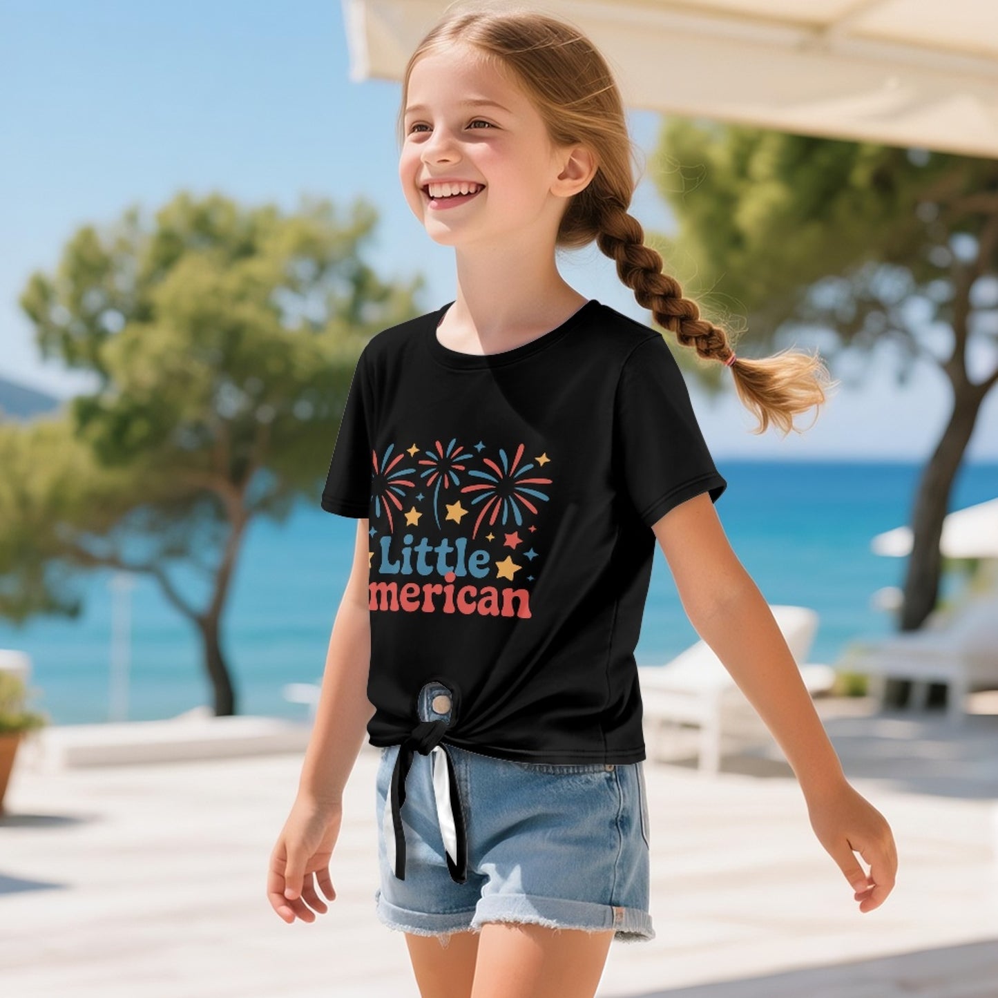 "Little American" | Girl's Fireworks Graphic Front-Tie Tee