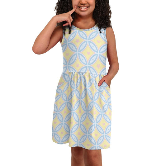 Girls Geometric Pattern Dress | Retro Style Sleeveless Kids Dress