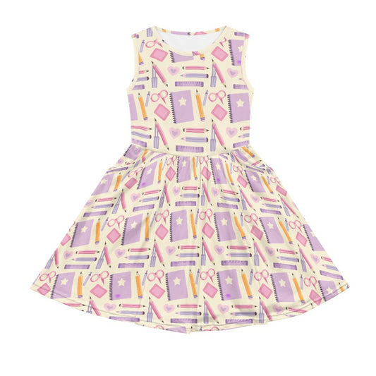 Girls School Supplies Print Dress | Cute Stationery Pattern Sleeveless Dress