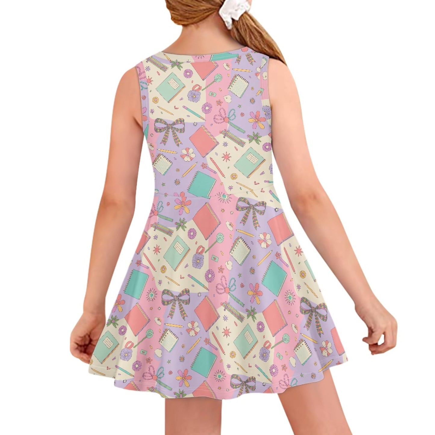 Girls Pastel Schoolcore Dress | Cute Stationery Sleeveless Twirl Dress for Kids