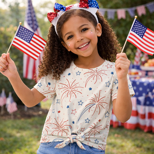 Independence Day Fireworks All-Over Print Girl's Front-Tie Tee