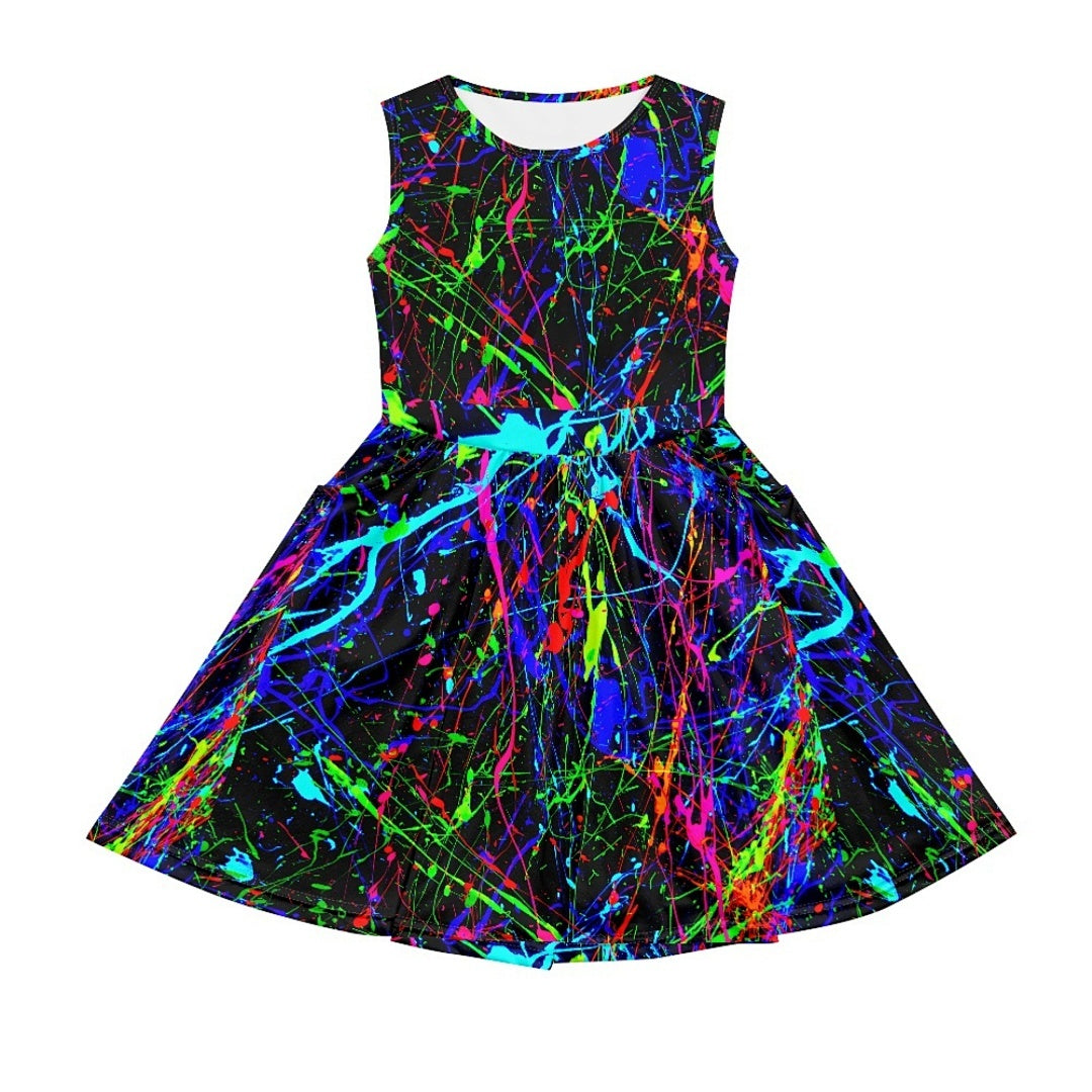 Girls Neon Rainbow Sleeveless Dress with Pockets – Casual Dress (2-14T)