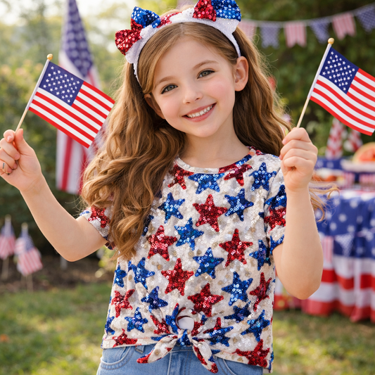Patriotic Stars Sequin Graphic All-Over Print Girl's Front-Tie Tee