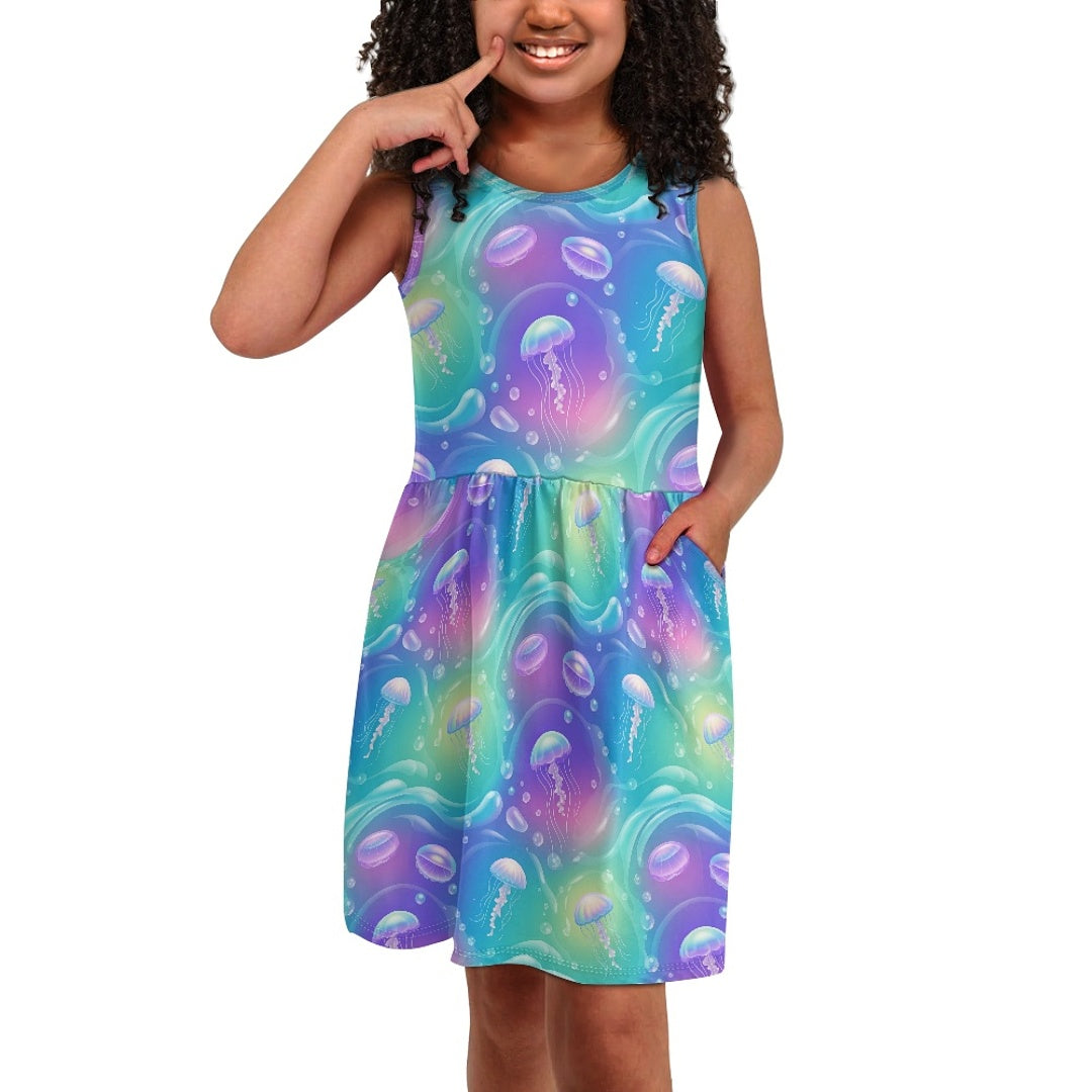 Girls Jellyfish Ocean Dress | Colorful Sea Theme Sleeveless Dress