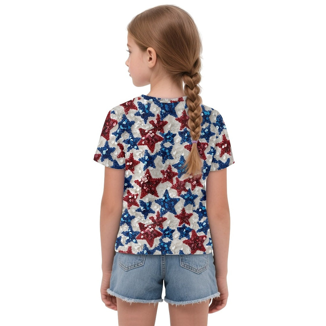 Patriotic Stars Sequin Graphic All-Over Print Girl's Front-Tie Tee