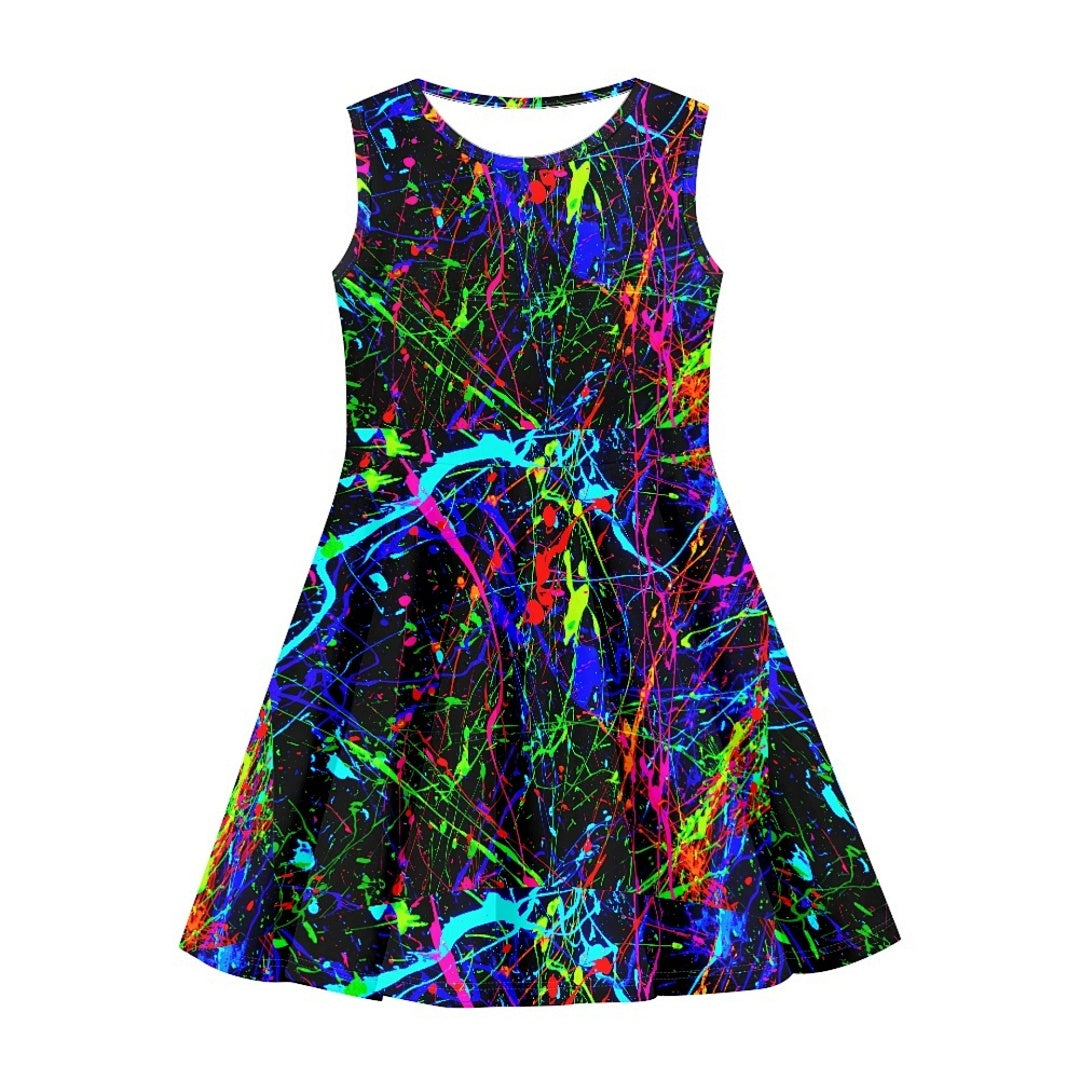 Girls Neon Paint Splash Dress – Sleeveless Twirl Dress for Kids | Summer Party, Art Class & Holiday Outfit