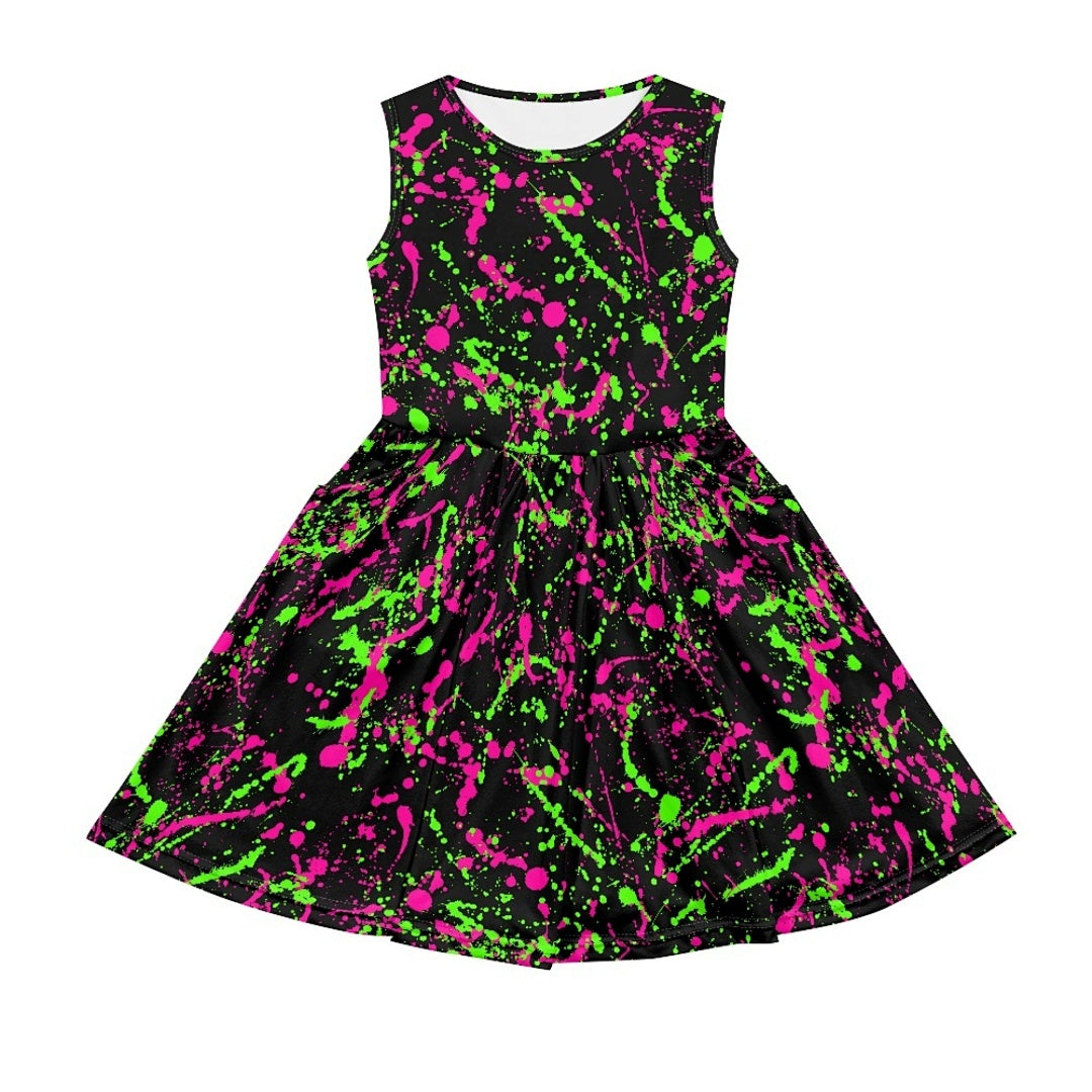 Girls Neon Rainbow Sleeveless Dress with Pockets for Glow Party