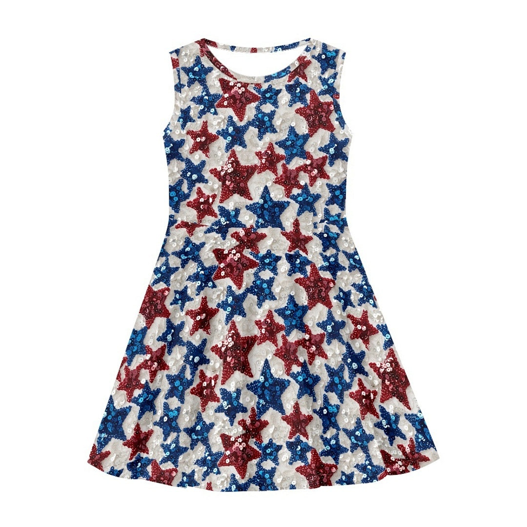 Girls Patriotic Star Sequin Dress – Sleeveless Twirl Dress for Kids | Independence Day Party & Summer Holiday Outfit