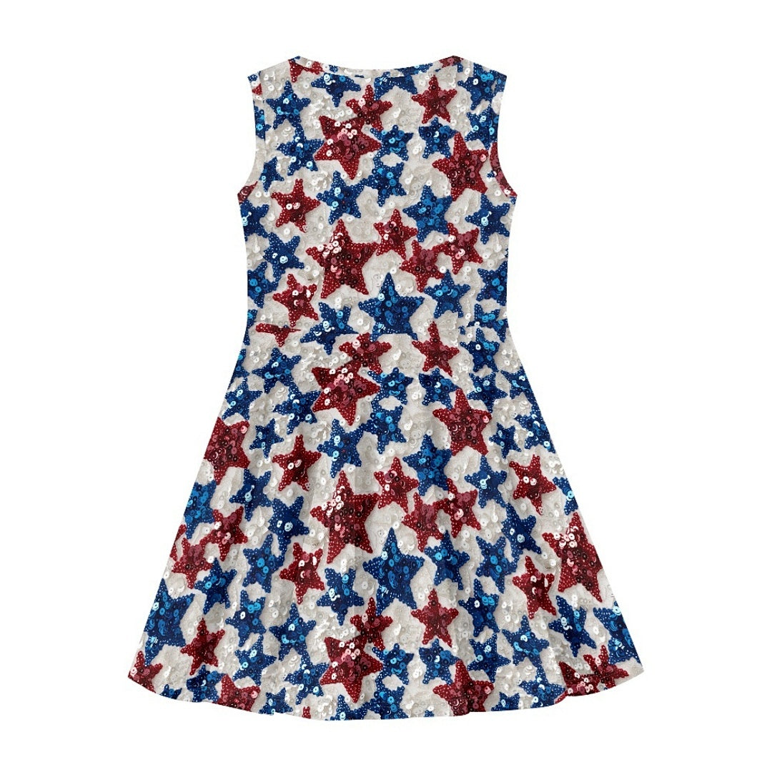 Girls Patriotic Star Sequin Dress – Sleeveless Twirl Dress for Kids | Independence Day Party & Summer Holiday Outfit