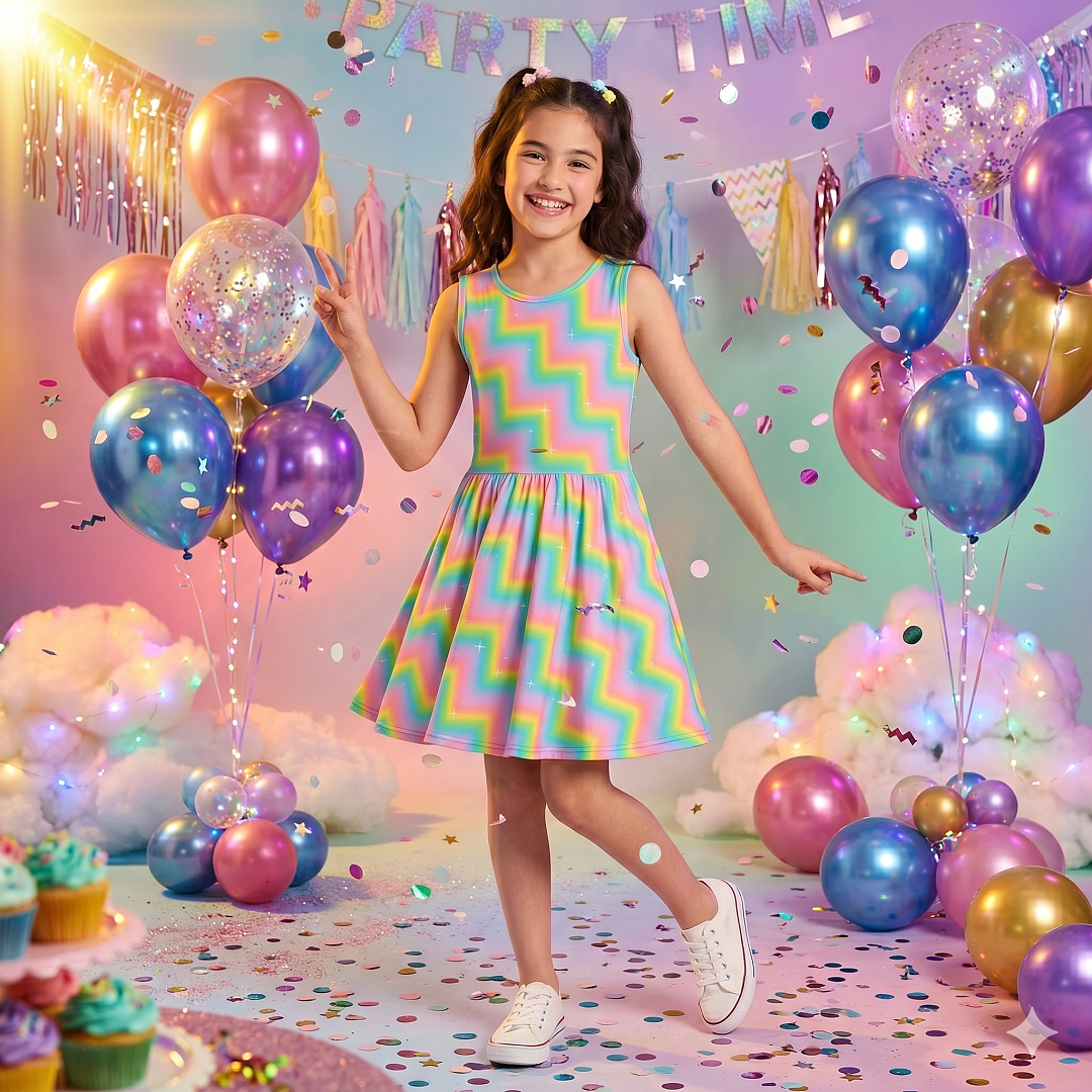 Girls Rainbow Zigzag Dress | Colorful Sleeveless Twirl Dress for Kids