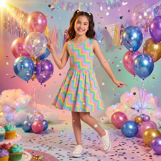 Girls Rainbow Zigzag Dress | Colorful Sleeveless Twirl Dress for Kids