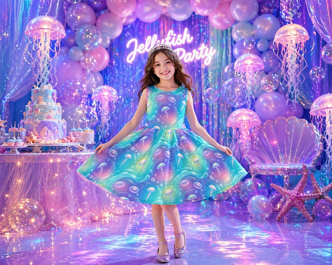Girls Jellyfish Ocean Dress | Colorful Sea Theme Sleeveless Dress