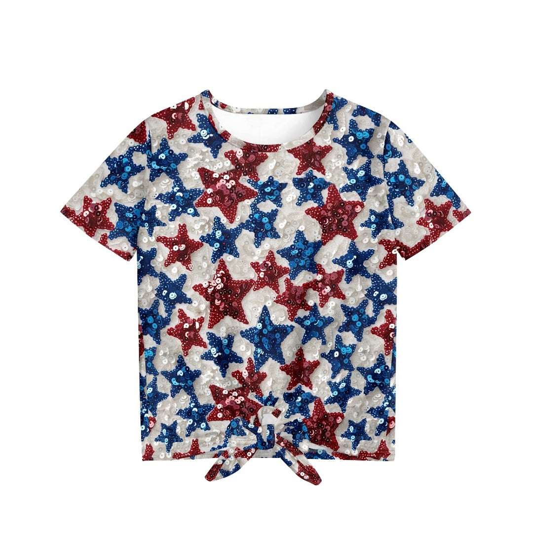 Patriotic Stars Sequin Graphic All-Over Print Girl's Front-Tie Tee