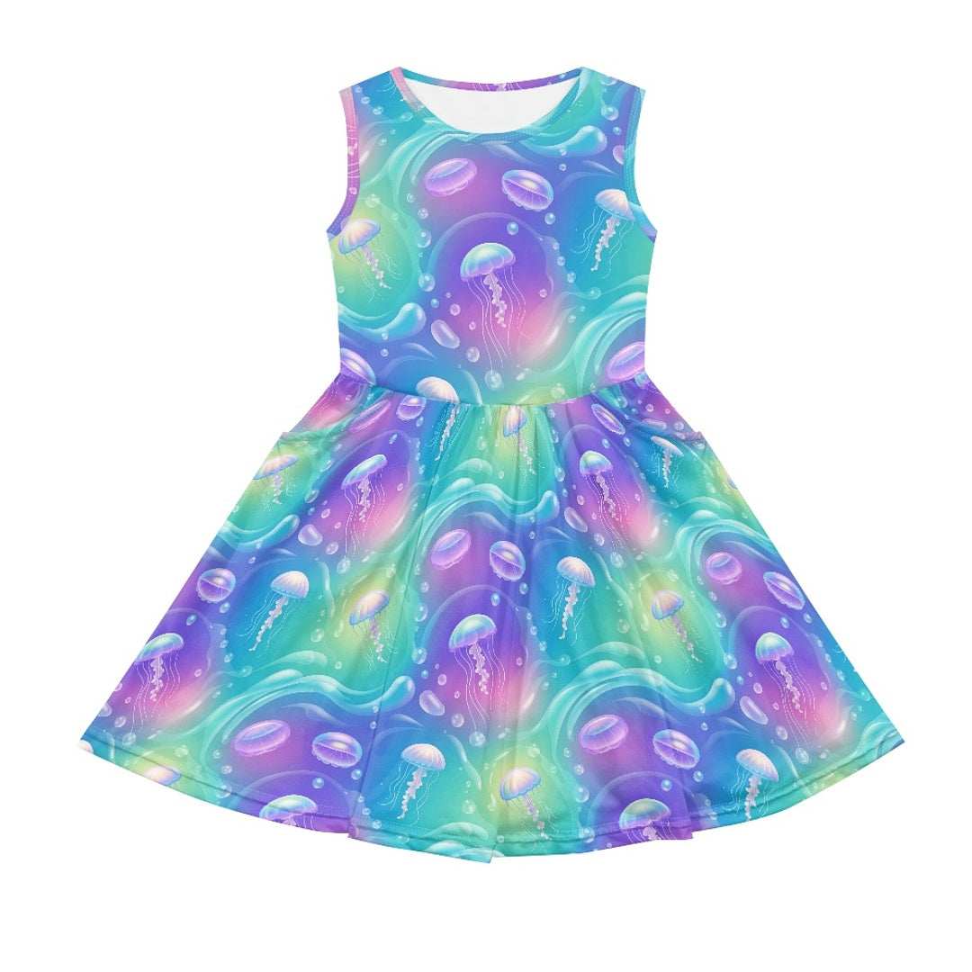 Girls Jellyfish Ocean Dress | Colorful Sea Theme Sleeveless Dress