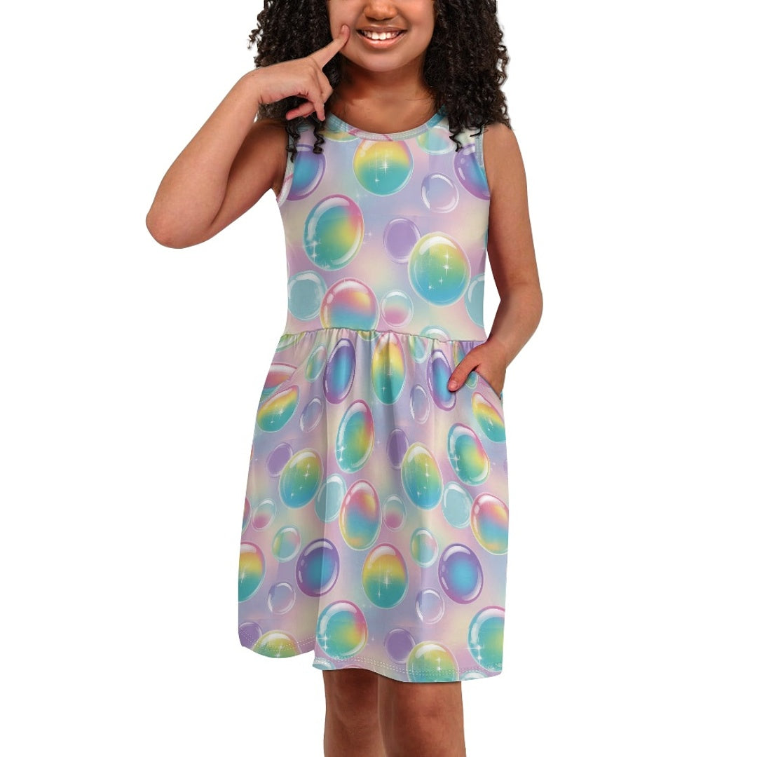 Girls Rainbow Bubble Dress | Colorful Gradient Sleeveless Kids Party Dress