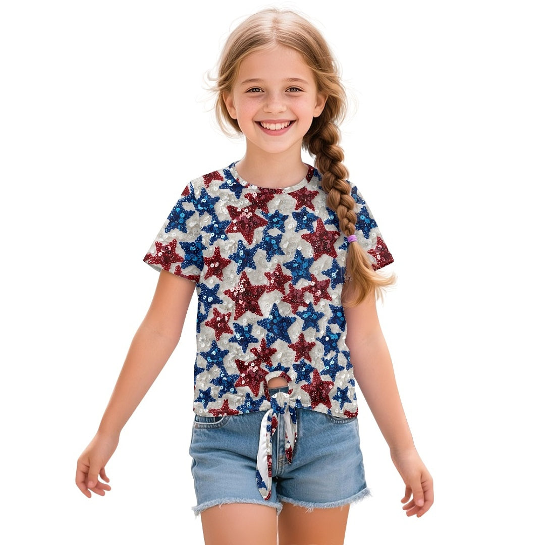 Patriotic Stars Sequin Graphic All-Over Print Girl's Front-Tie Tee