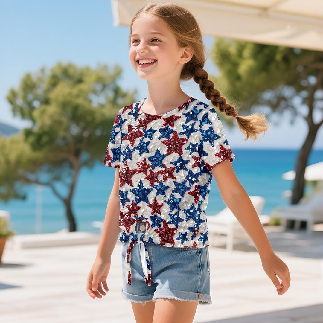 Patriotic Stars Sequin Graphic All-Over Print Girl's Front-Tie Tee
