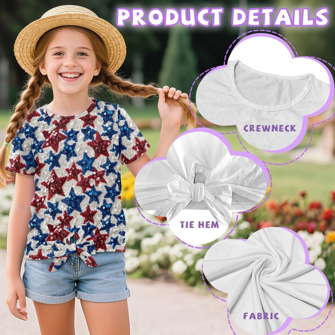 Patriotic Stars Sequin Graphic All-Over Print Girl's Front-Tie Tee