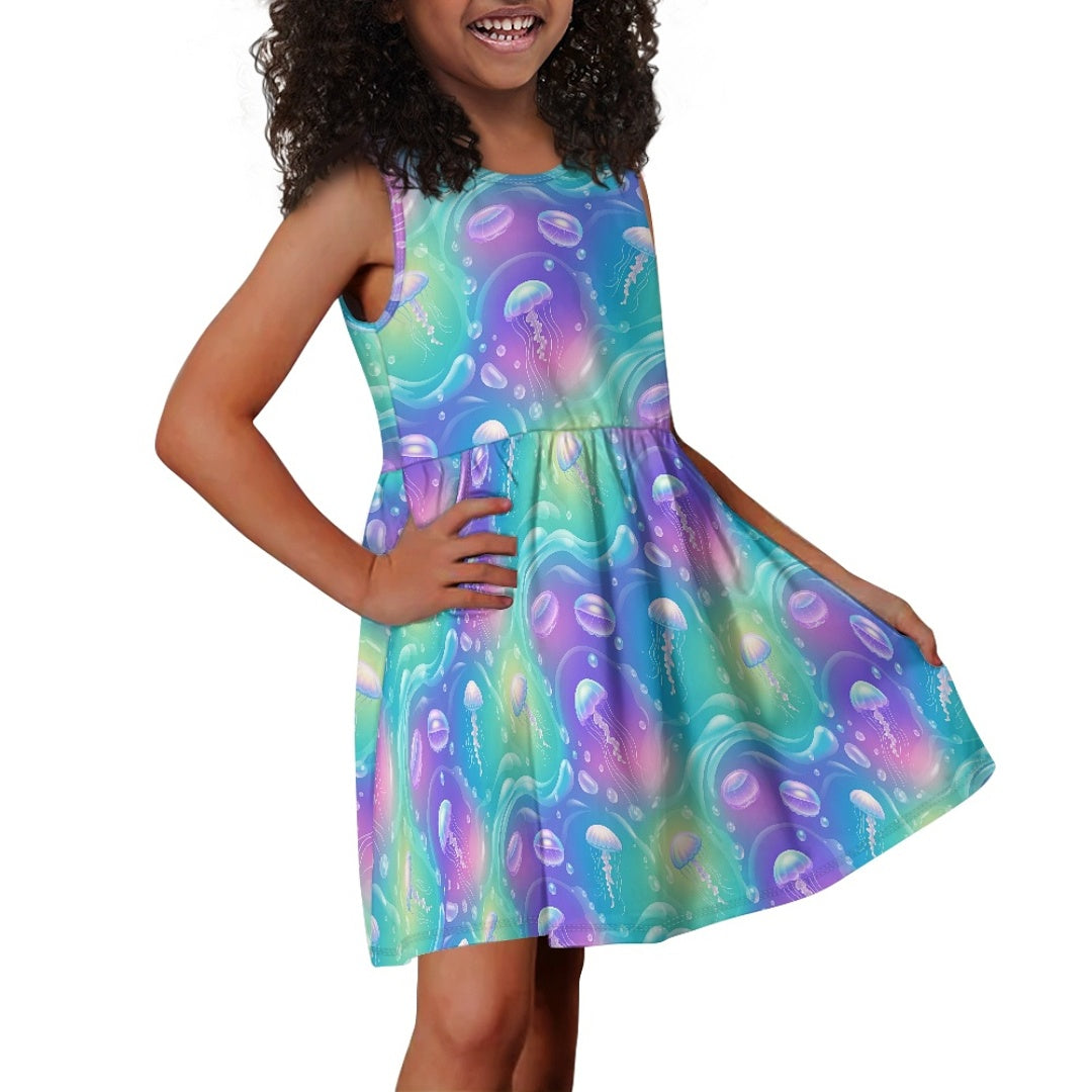 Girls Jellyfish Ocean Dress | Colorful Sea Theme Sleeveless Dress
