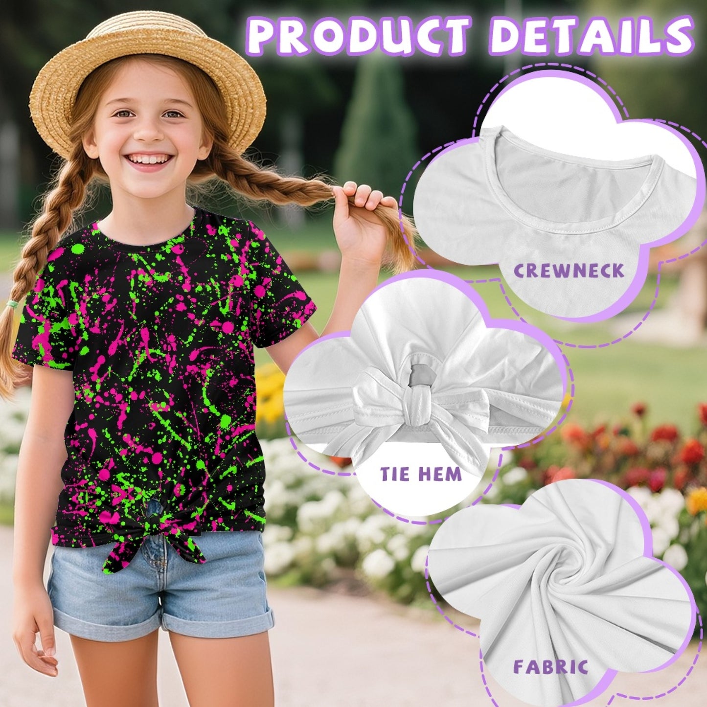 Neon Splatter Paint All-Over Print Girl's Front-Tie Tee