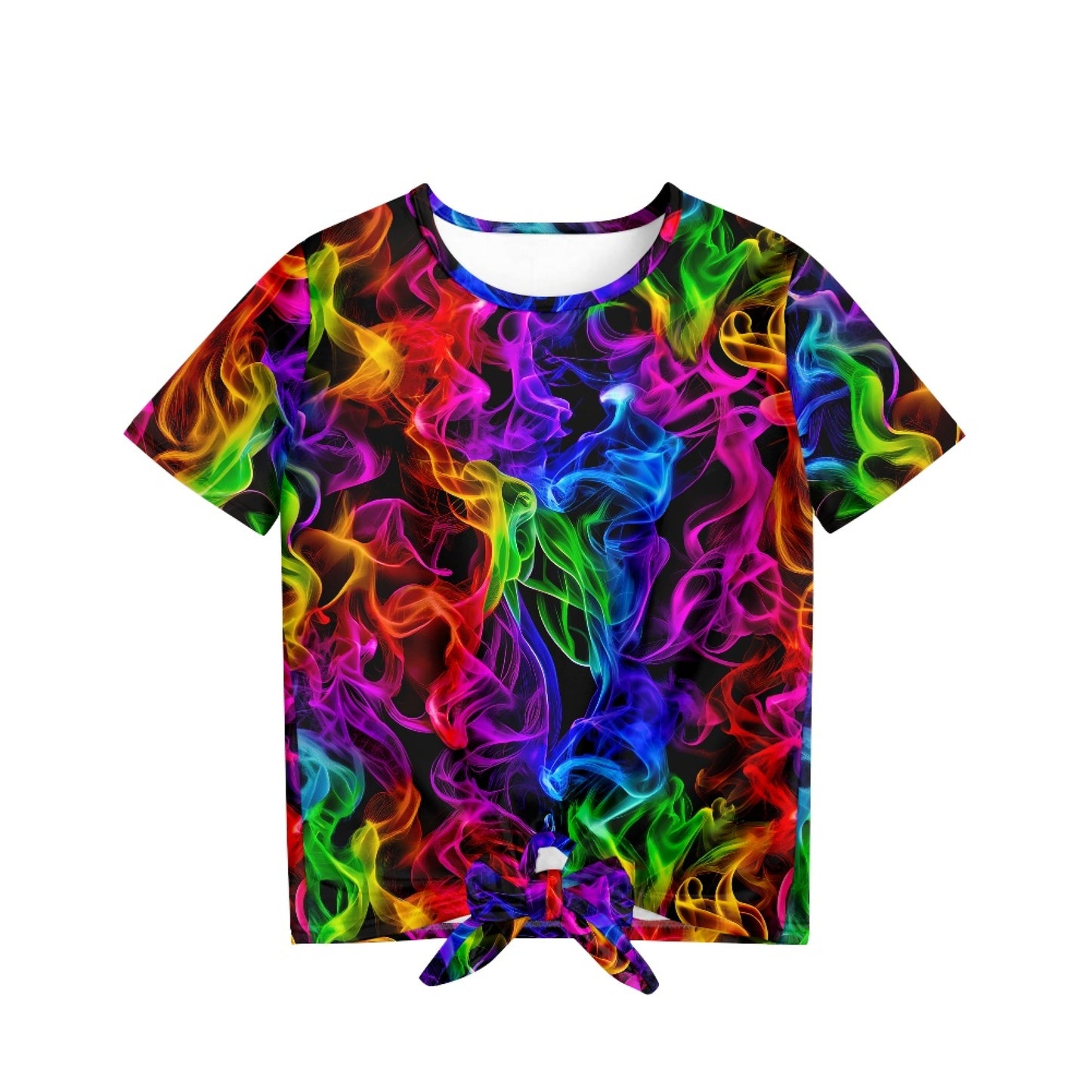 Rainbow Smoke Abstract All-Over Print Girl's Front-Tie Tee
