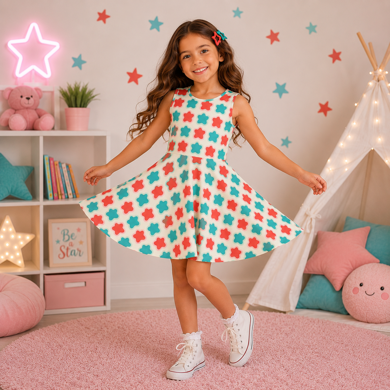 Girls Bubble Dream Retro Star Dress | Cute Sleeveless Twirl Dress for Kids