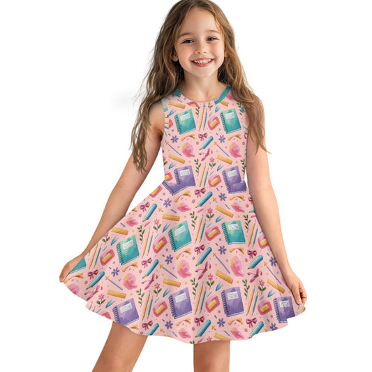 Girls School Supplies Dress | Cute Pink Sleeveless Twirl Dress for Kids