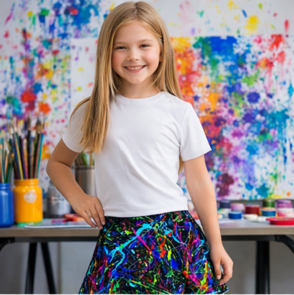 Girls Neon Paint Skort – Color Splash Athletic Skirt with Built-in Shorts & Pocket