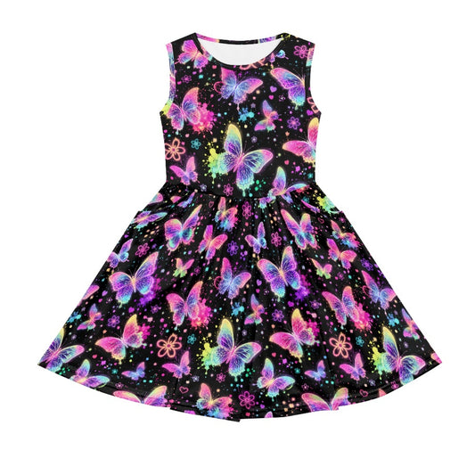 Girls Neon Butterfly Dress | Colorful Glow Twirl Dress for Kids