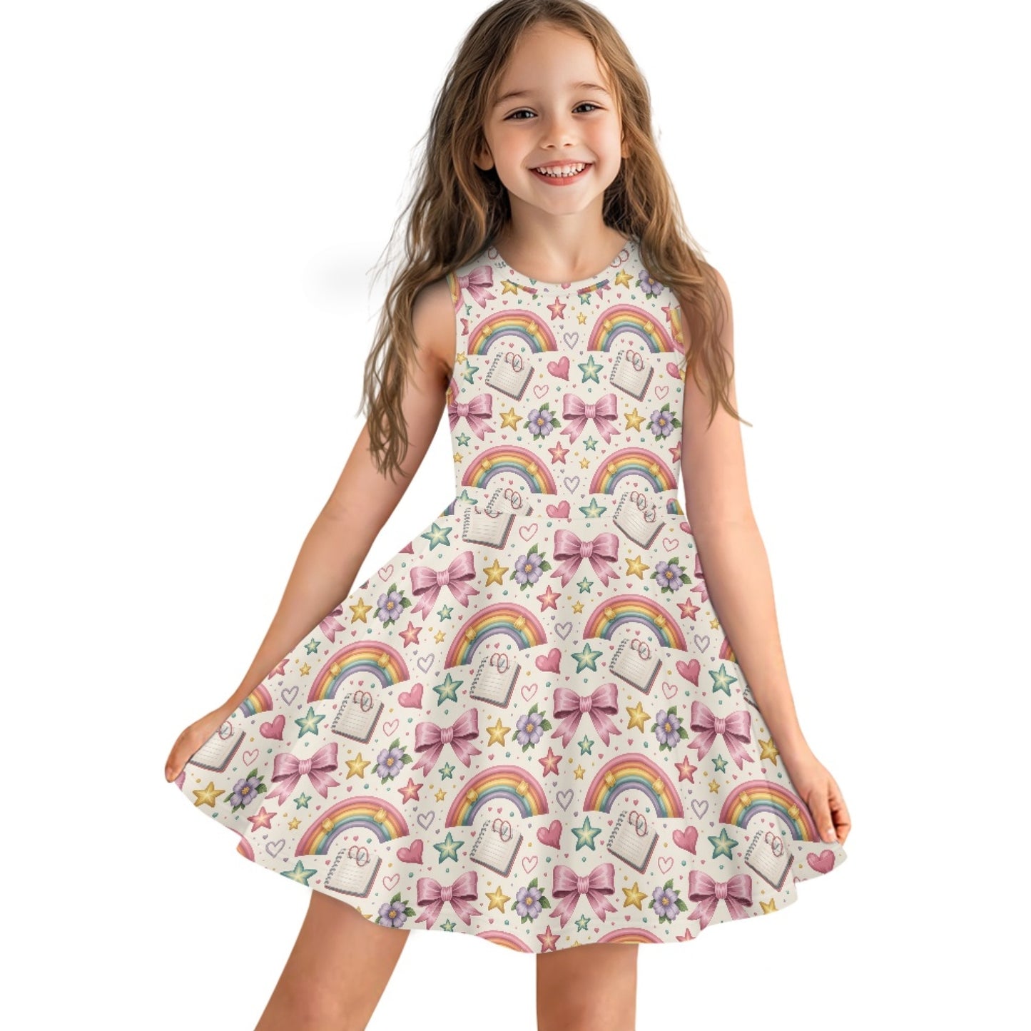 Girls Rainbow Schoolcore Dress | Cute Sleeveless Twirl Dress for Kids