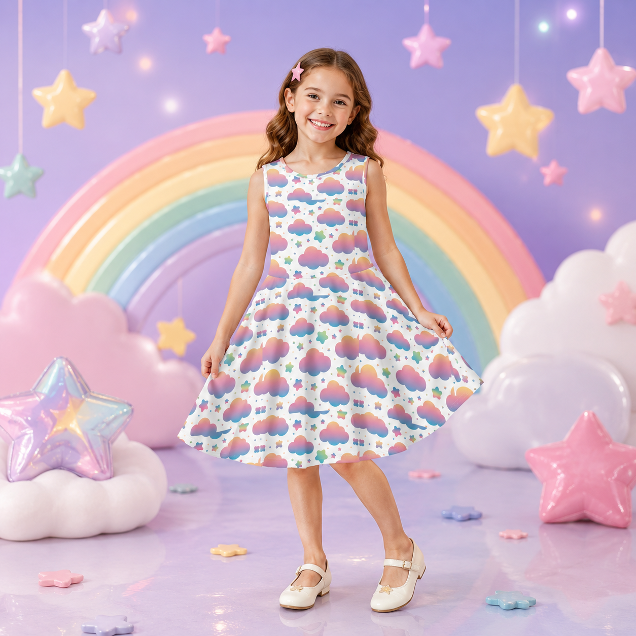 Girls Pastel Cloud Dress | Cute Rainbow Sky Sleeveless Twirl Dress for Kids