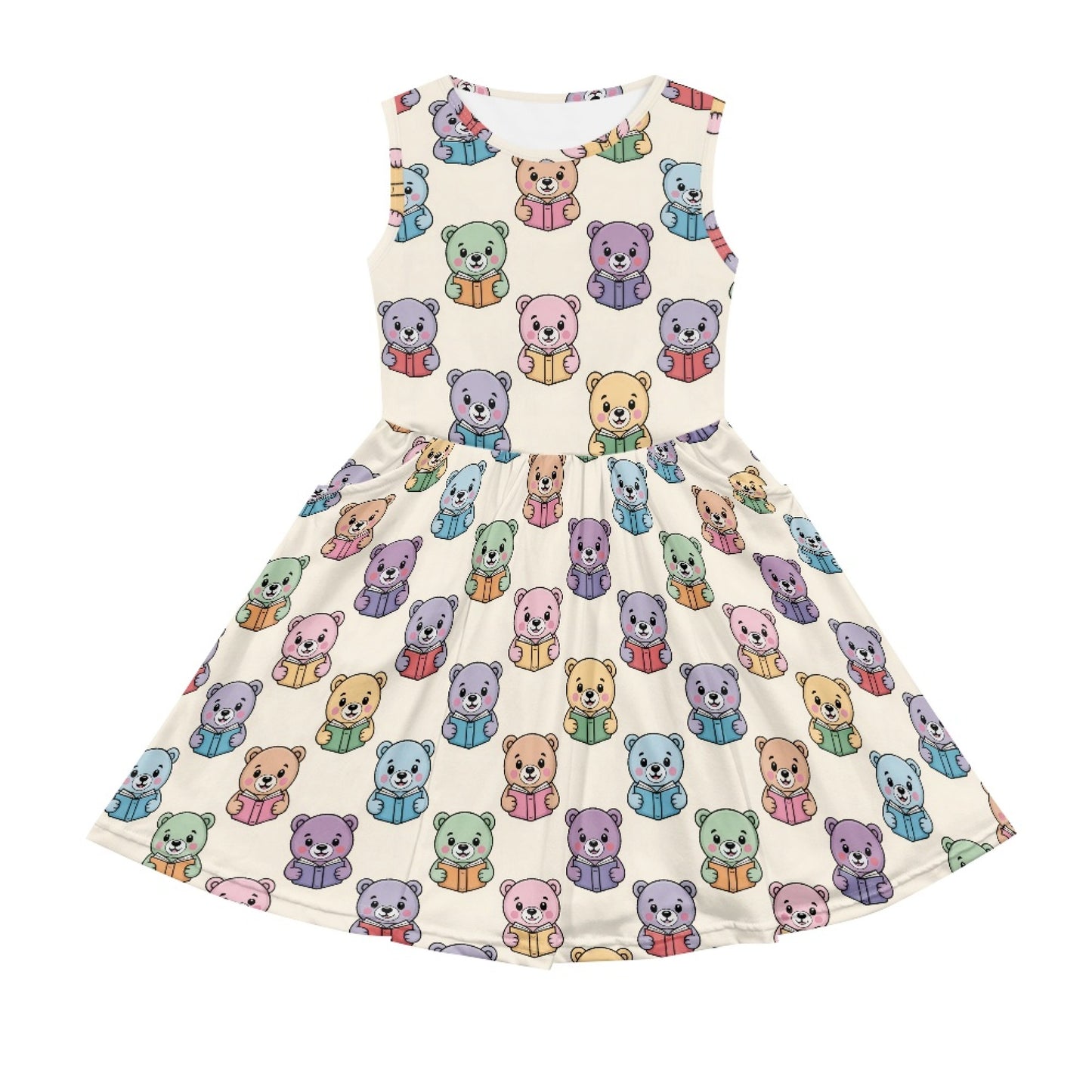 Girls Bear Reading Print Dress | Cute Animal Book Theme Kids Dress