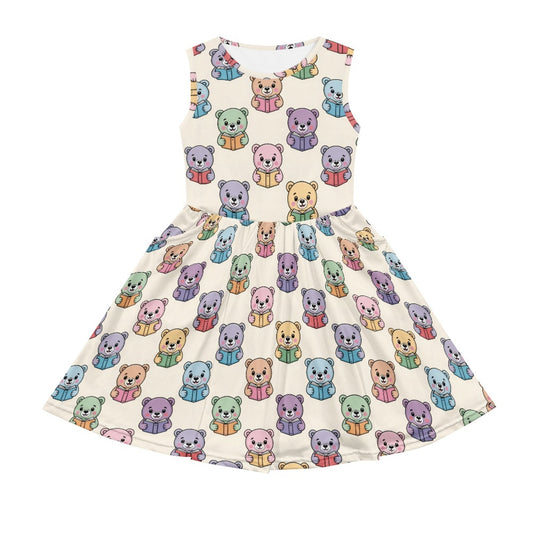 Girls Bear Reading Print Dress | Cute Animal Book Theme Kids Dress