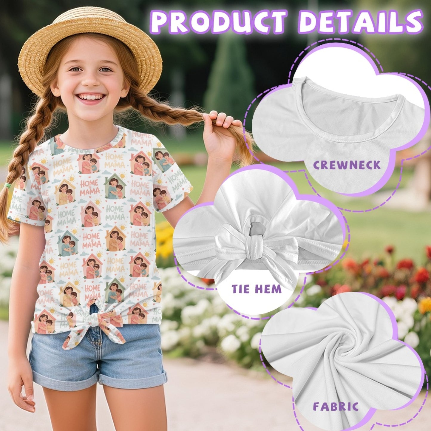 Home is Mama | Girl's All-Over Illustration Print Front-Tie Tee