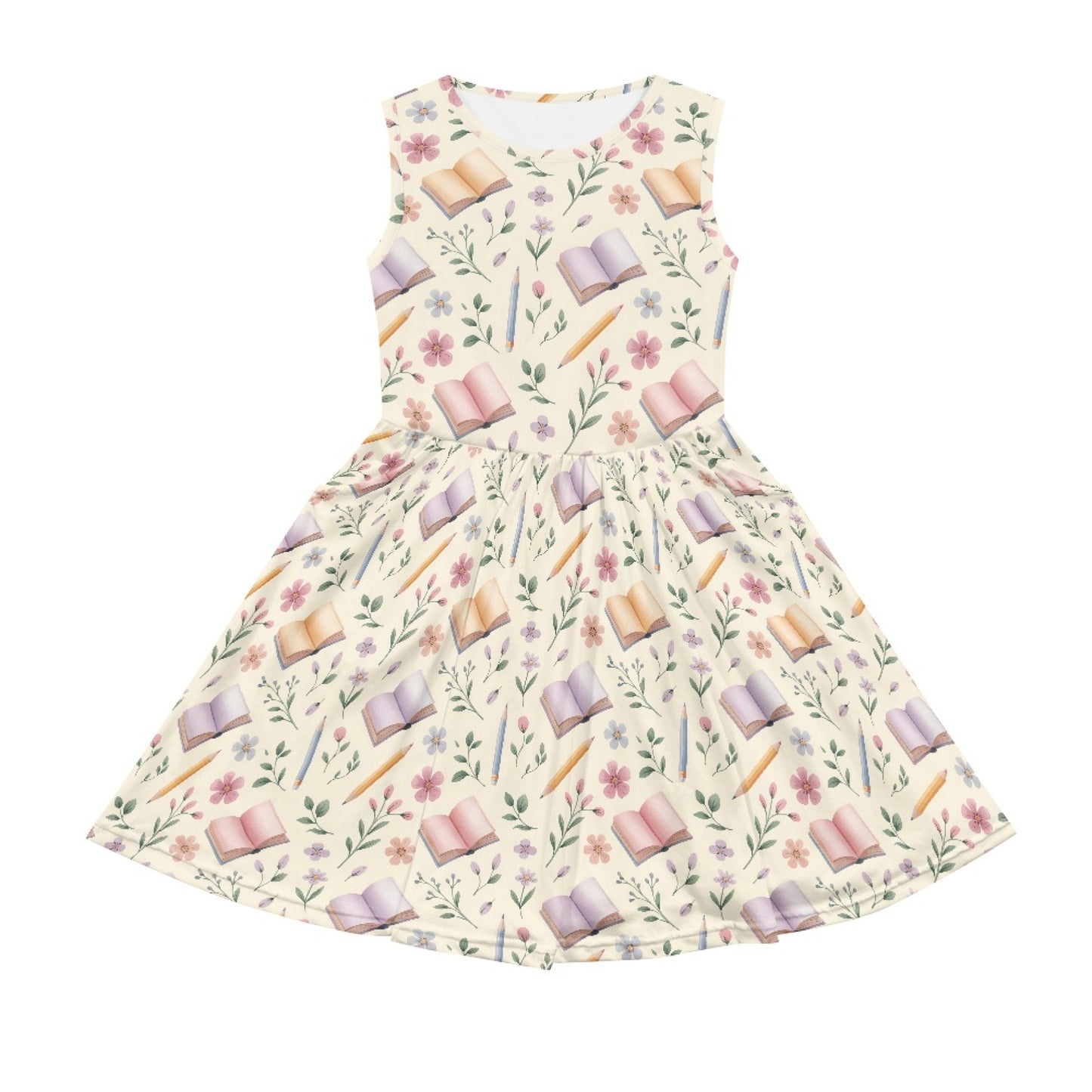 Girls Floral Book Print Dress | Cute School Theme Sleeveless Twirl Dress
