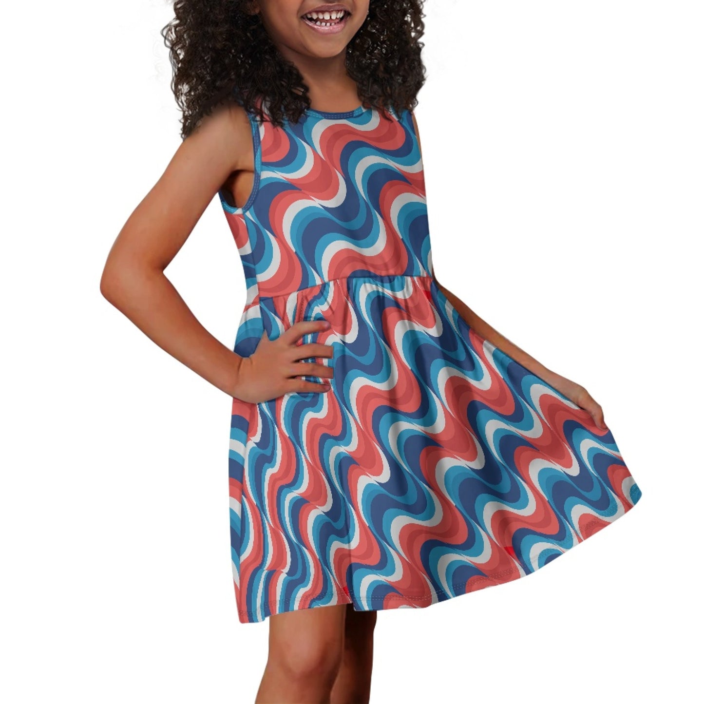 Girls Retro Wave Dress – Patriotic Sleeveless Twirl Dress for Toddler & Little Girls