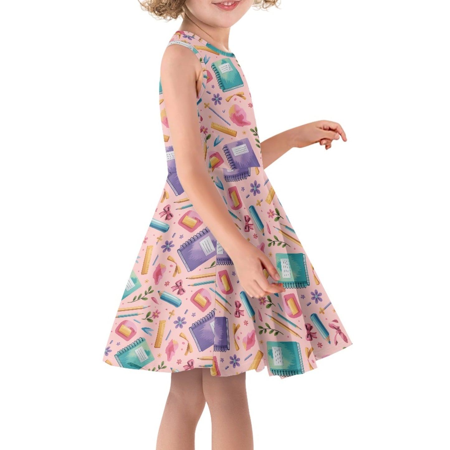 Girls School Supplies Dress | Cute Pink Sleeveless Twirl Dress for Kids