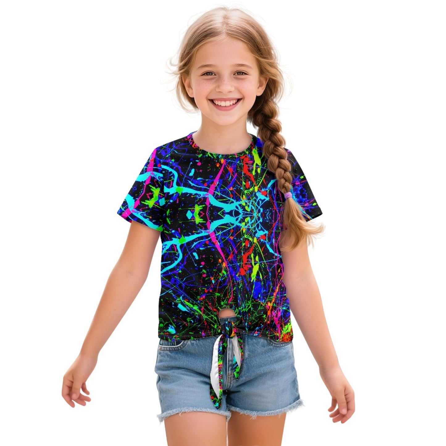 Neon Paint Splatter All-Over Print Girl's Front-Tie Tee
