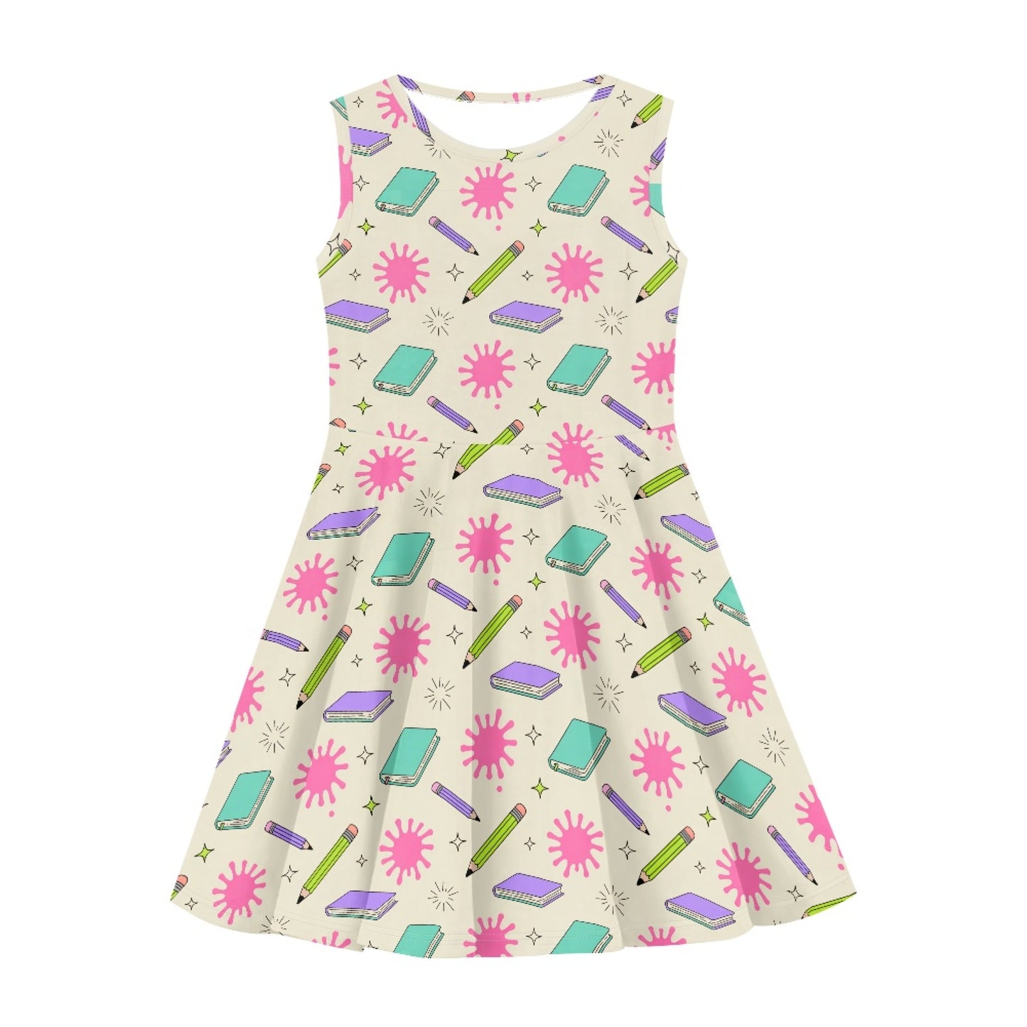 Girls Schoolcore Pencil & Notebook Dress | Cute Sleeveless Twirl Dress for Kids