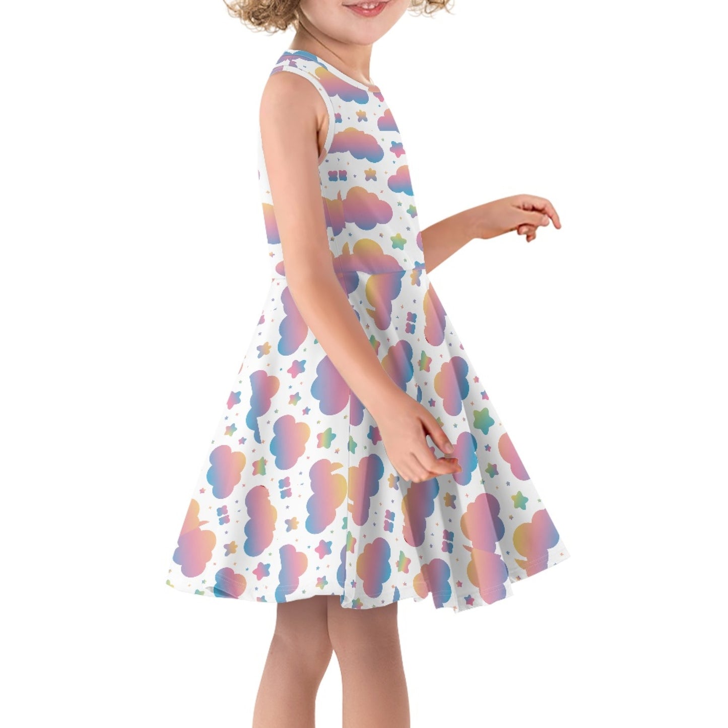 Girls Pastel Cloud Dress | Cute Rainbow Sky Sleeveless Twirl Dress for Kids