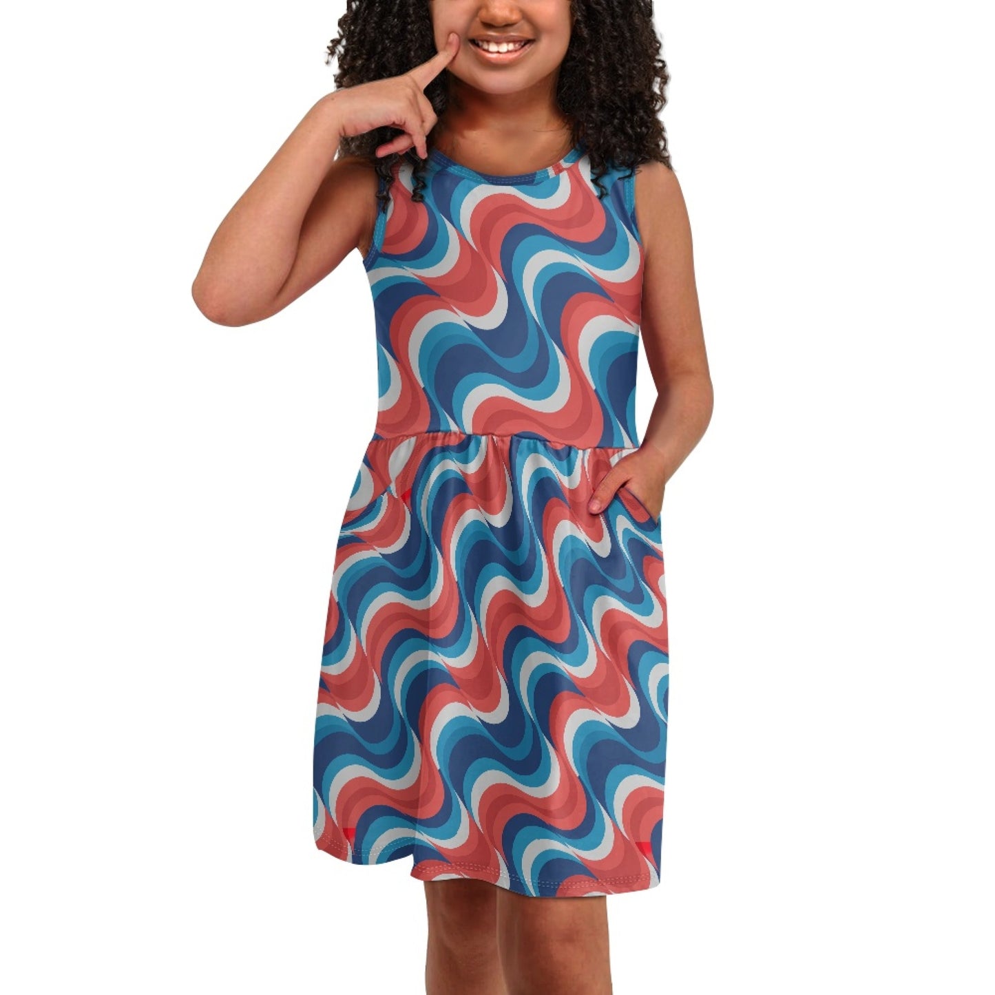 Girls Retro Wave Dress – Patriotic Sleeveless Twirl Dress for Toddler & Little Girls
